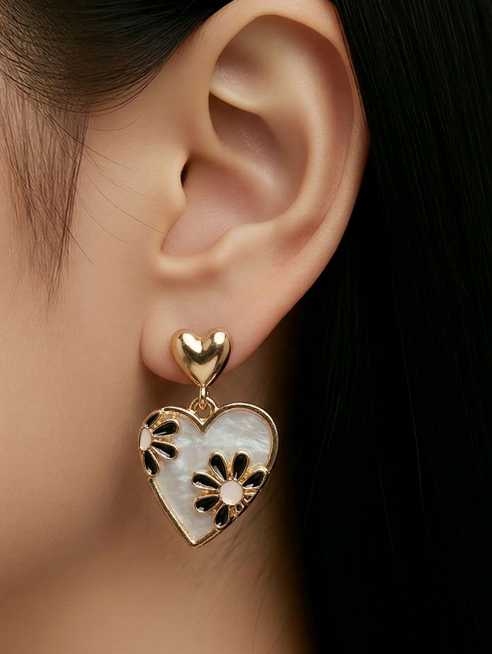Mother of Pearl Heart Earrings Gold Double Heart Dangle Black Enamel Edgy Cute